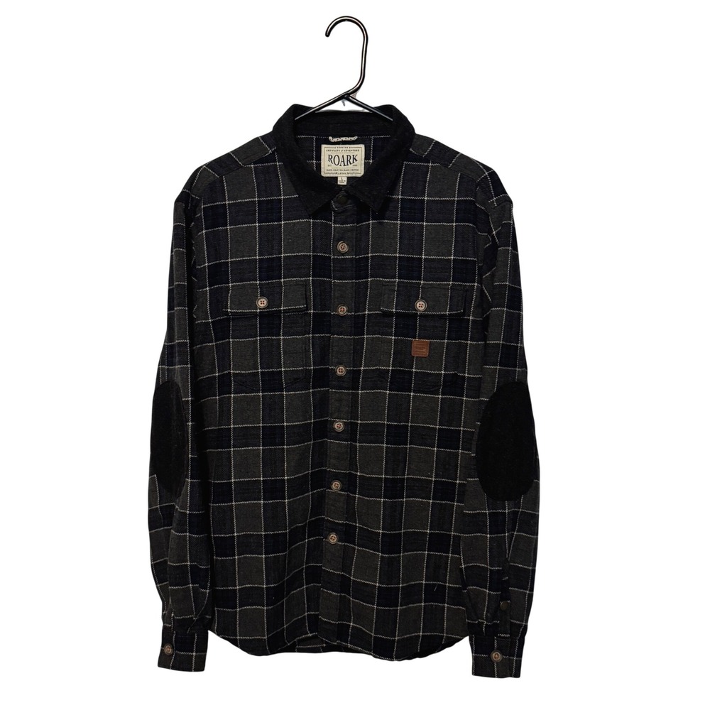 Roark Nordsman Flannel Shirt Mens Large Gray Navy Plaid Elbow Patches Button Up